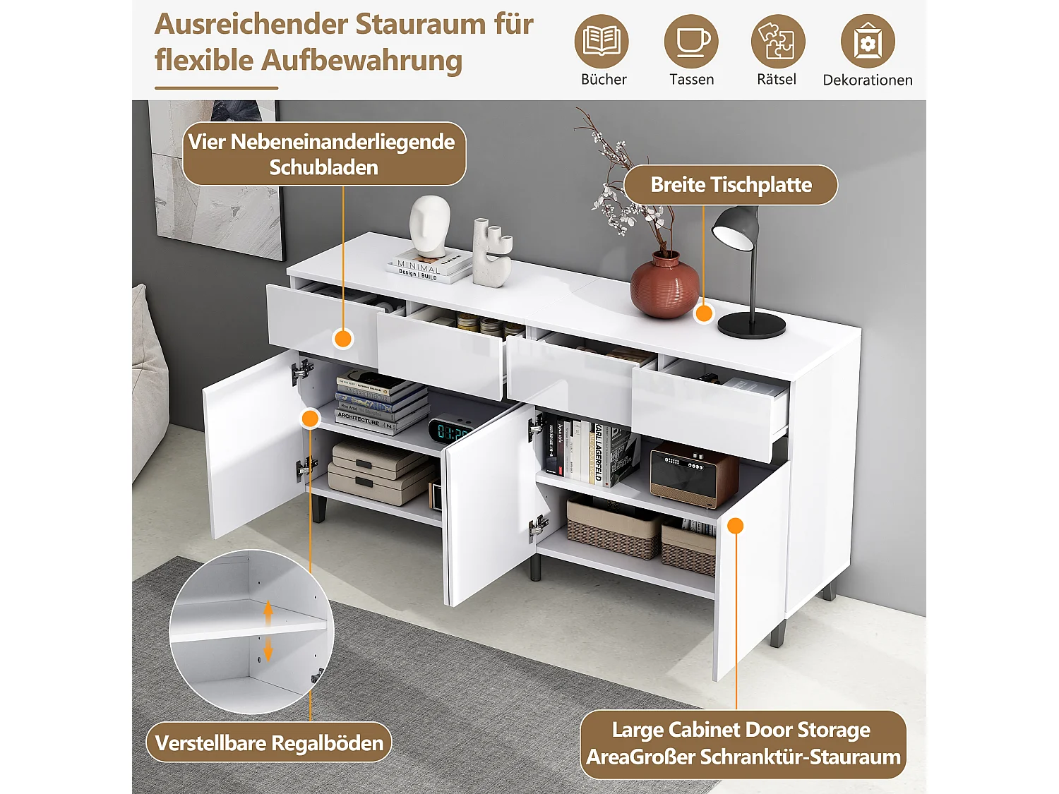 Buffet bas avec 4 portes et 4 tiroirs - 160 x 40 x 68 cm - Panneau de particules - Etagères réglables - Blanc brillant