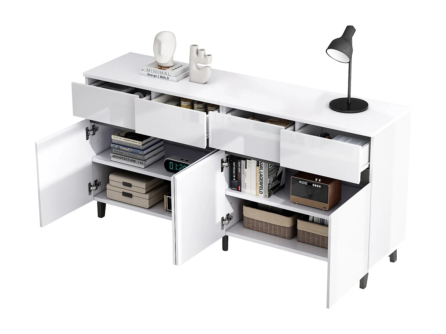 Buffet bas avec 4 portes et 4 tiroirs - 160 x 40 x 68 cm - Panneau de particules - Etagères réglables - Blanc brillant