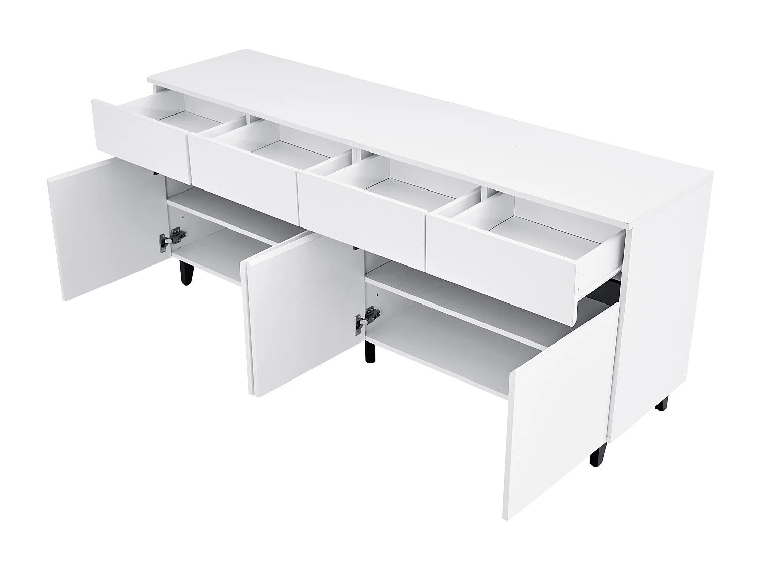 Buffet bas avec 4 portes et 4 tiroirs - 160 x 40 x 68 cm - Panneau de particules - Etagères réglables - Blanc brillant