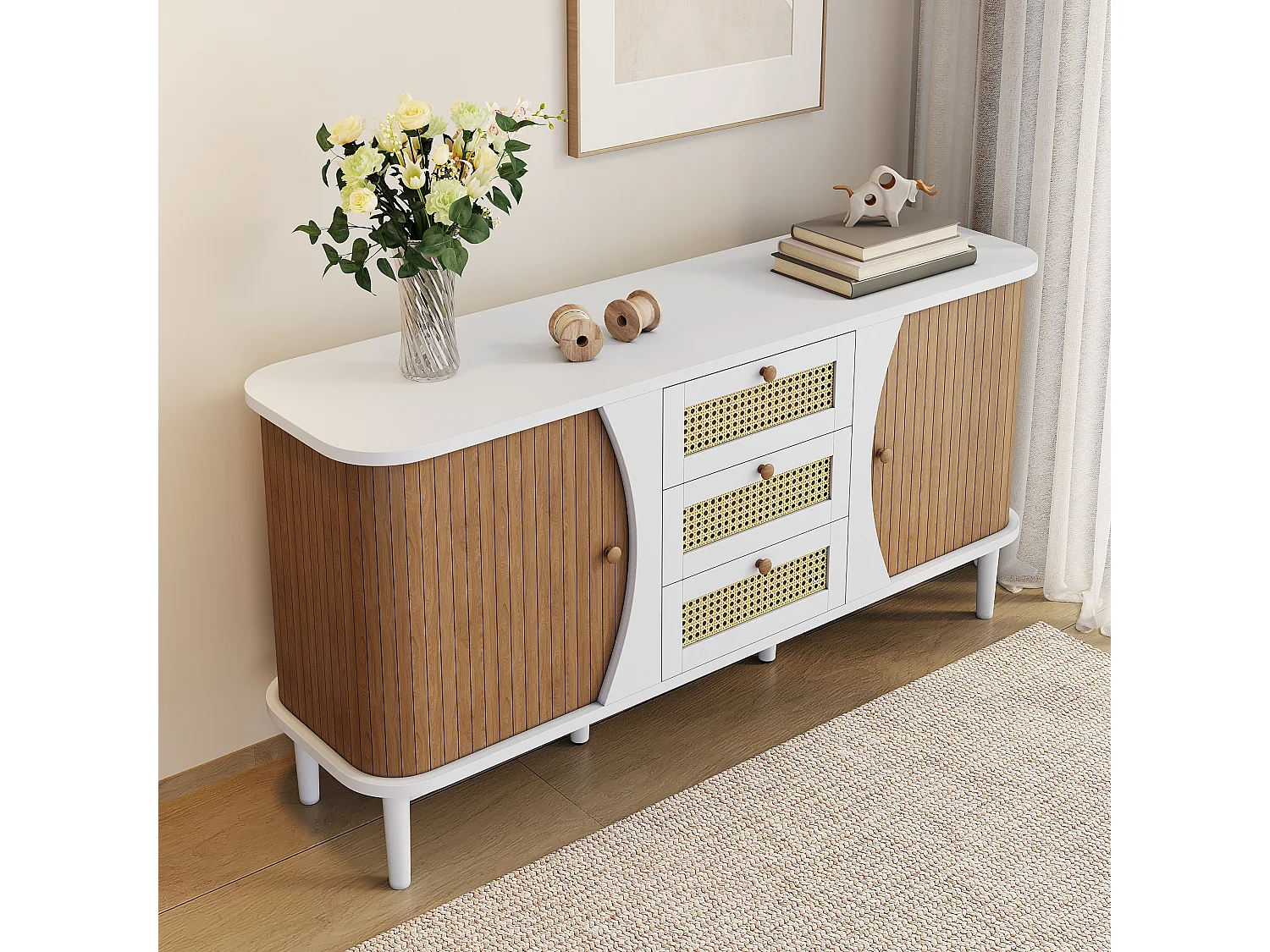 Laag dressoir met 2 schuifdeuren en 3 rotan lades, ladekast - 140,5 x 40 x 76 - spaanplaat - Wit en naturel