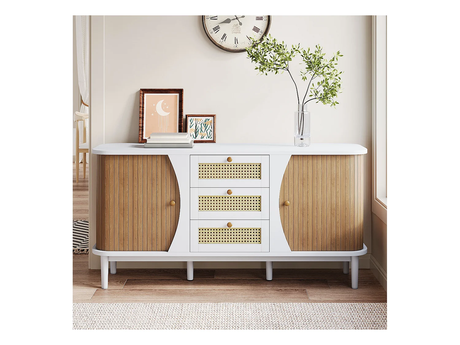 Buffet bas avec 2 portes coulissantes et 3 tiroirs en rotin, commode - 140.5 x 40 x 76 - Panneaux de particules - Blanc et naturel