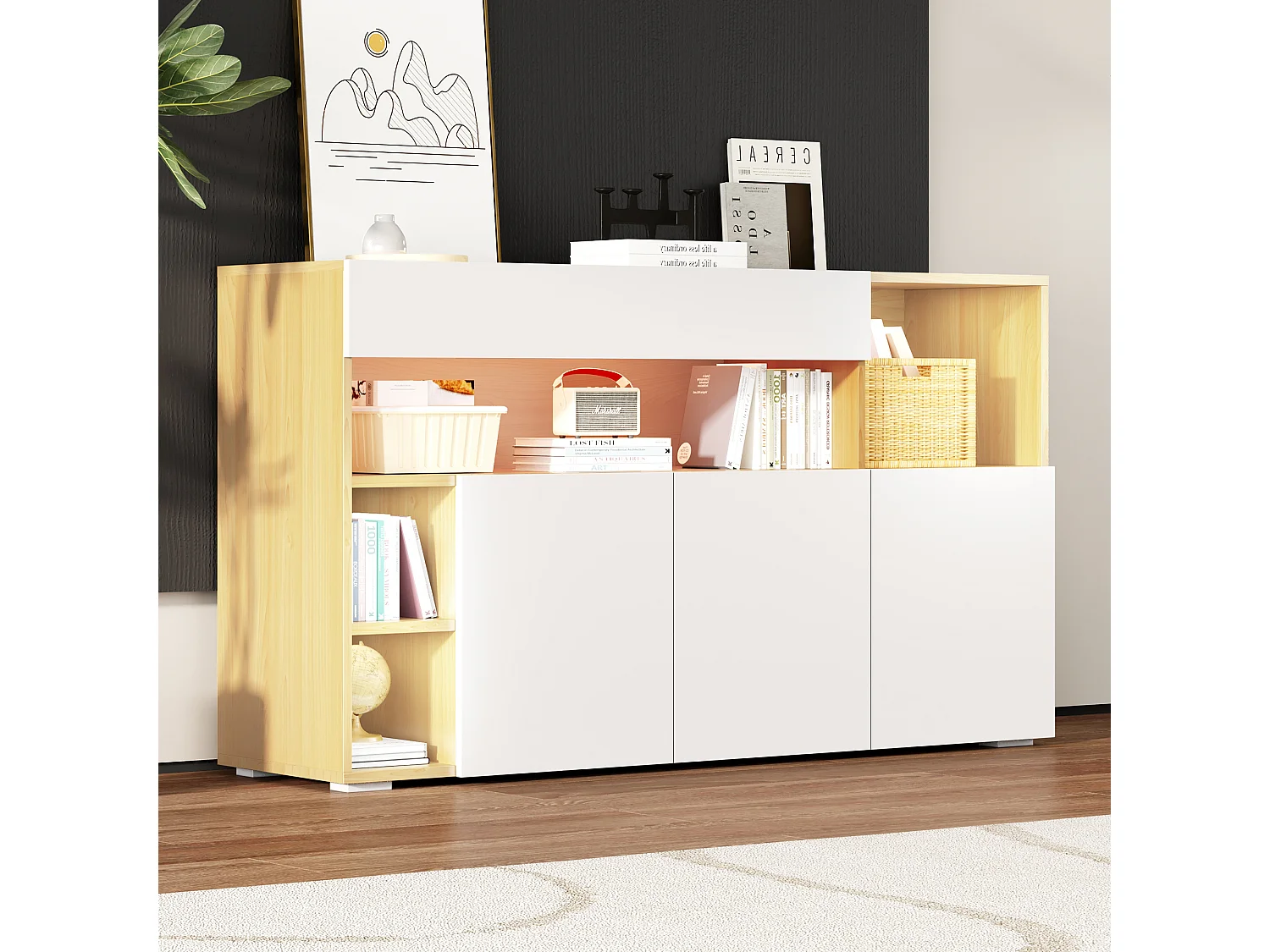 Buffet bas avec 3 portes et 4 niches de rangement - 140 x 40 x 70 cm - LEDs - Panneau de particules - Blanc et chêne