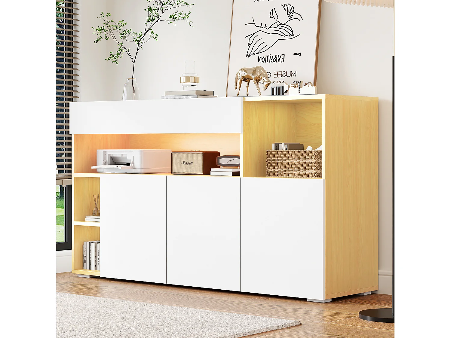 Buffet bas avec 3 portes et 4 niches de rangement - 140 x 40 x 70 cm - LEDs - Panneau de particules - Blanc et chêne