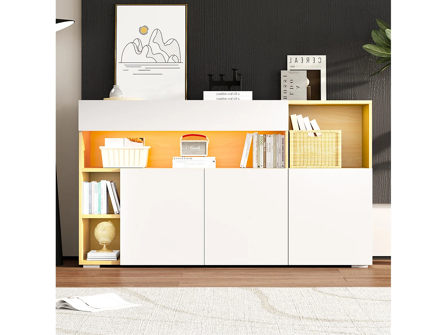 Buffet bas avec 3 portes et 4 niches de rangement - 140 x 40 x 70 cm - LEDs - Panneau de particules - Blanc et chêne