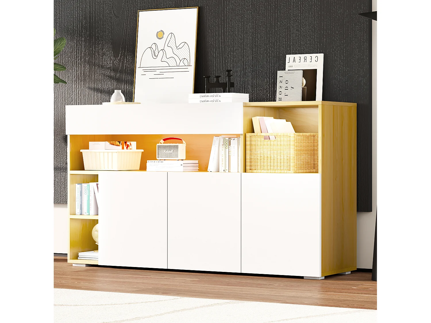 Buffet bas avec 3 portes et 4 niches de rangement - 140 x 40 x 70 cm - LEDs - Panneau de particules - Blanc et chêne