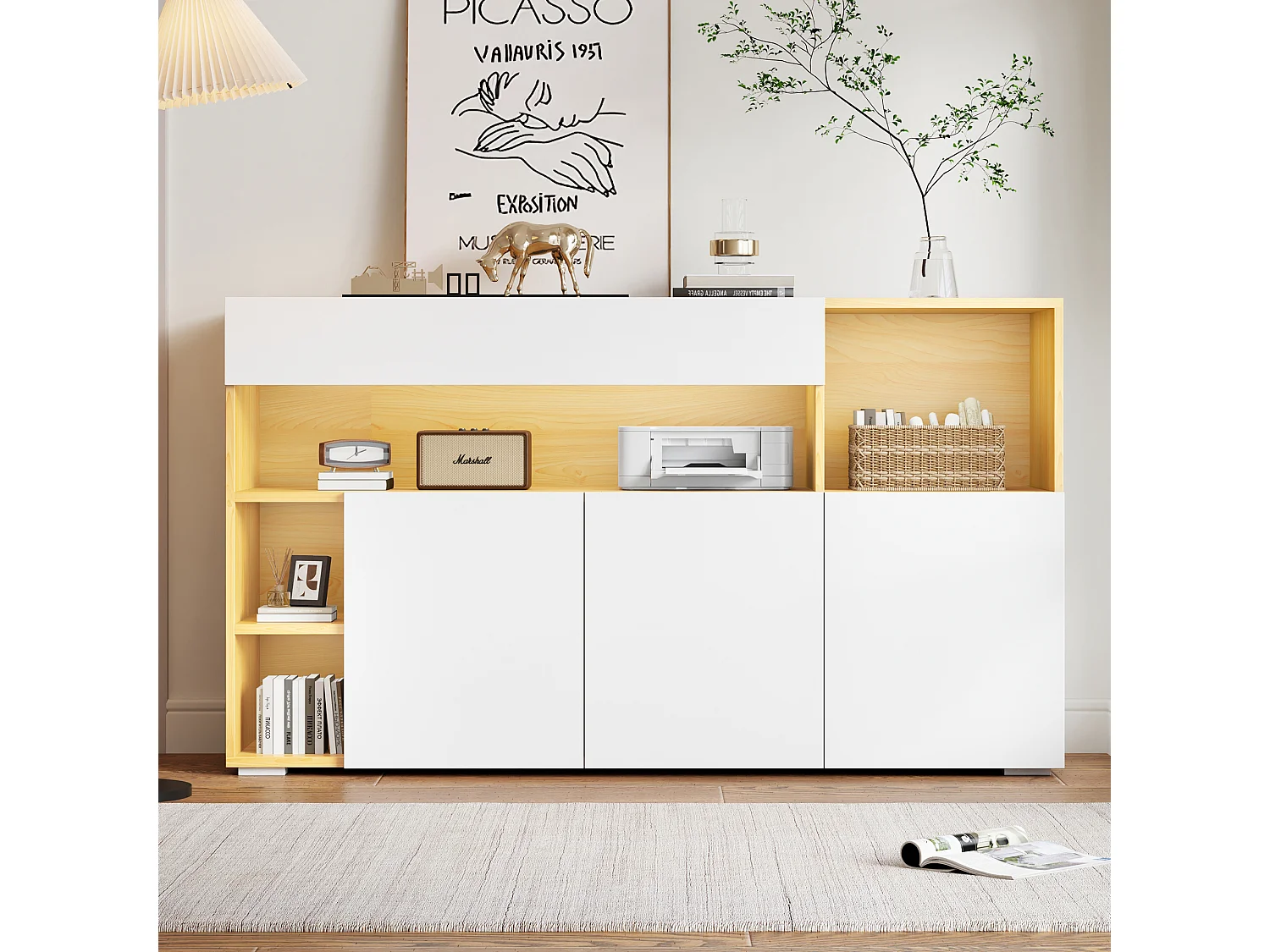 Buffet bas avec 3 portes et 4 niches de rangement - 140 x 40 x 70 cm - LEDs - Panneau de particules - Blanc et chêne