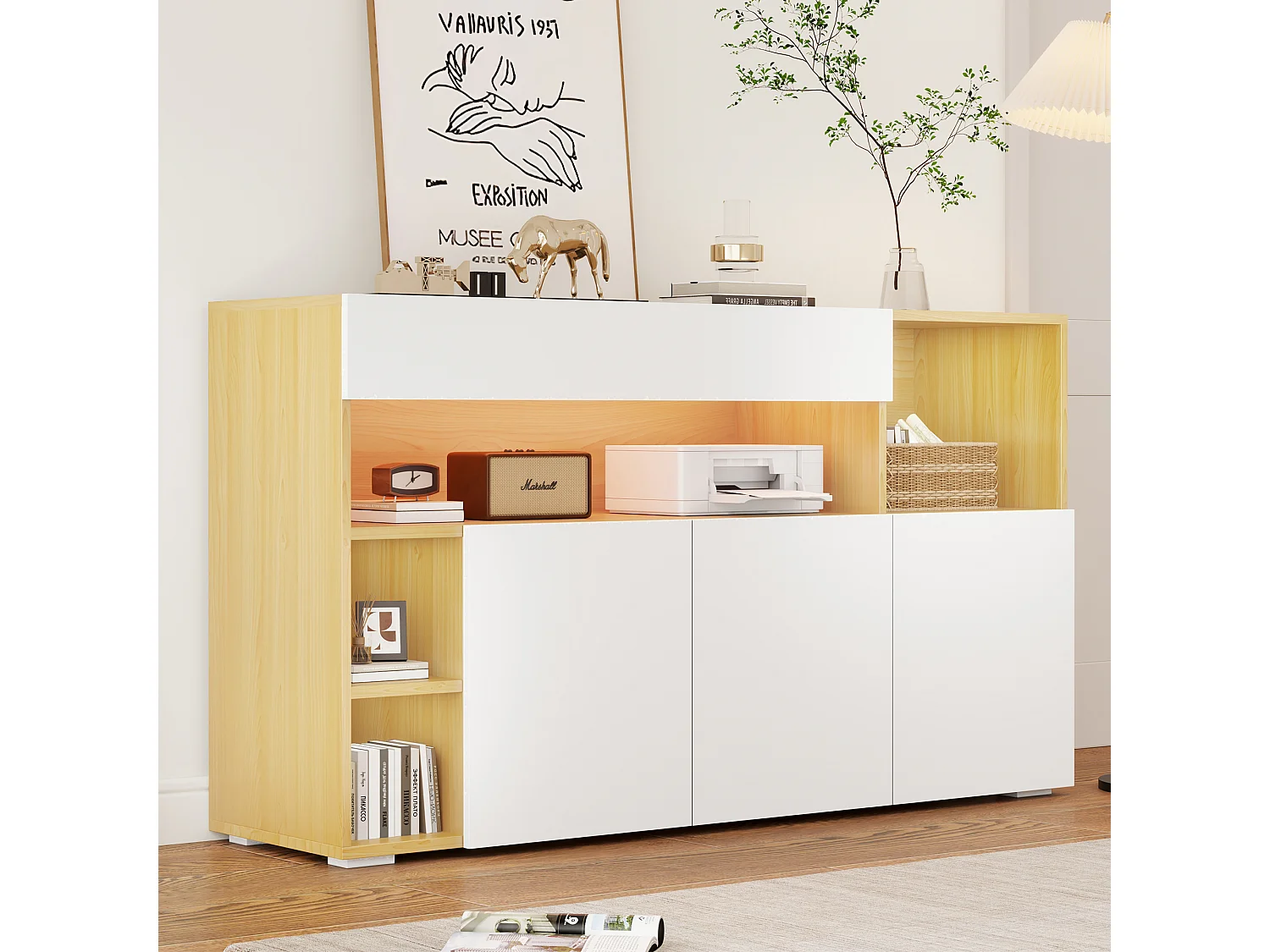 Buffet bas avec 3 portes et 4 niches de rangement - 140 x 40 x 70 cm - LEDs - Panneau de particules - Blanc et chêne