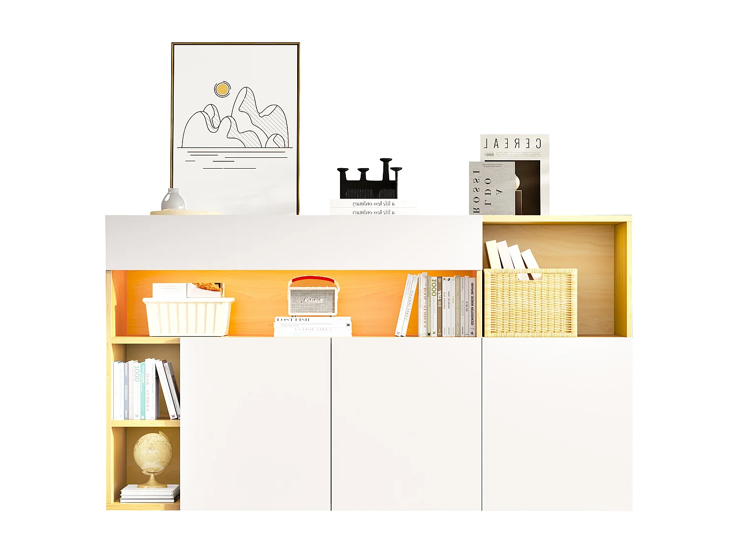 Buffet bas avec 3 portes et 4 niches de rangement - 140 x 40 x 70 cm - LEDs - Panneau de particules - Blanc et chêne