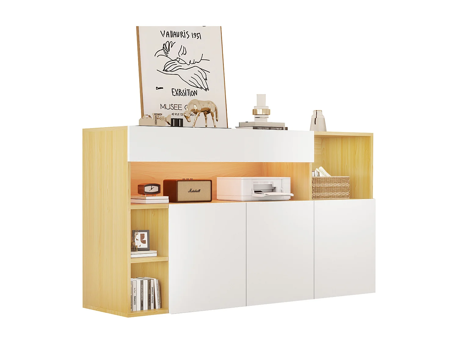 Buffet bas avec 3 portes et 4 niches de rangement - 140 x 40 x 70 cm - LEDs - Panneau de particules - Blanc et chêne