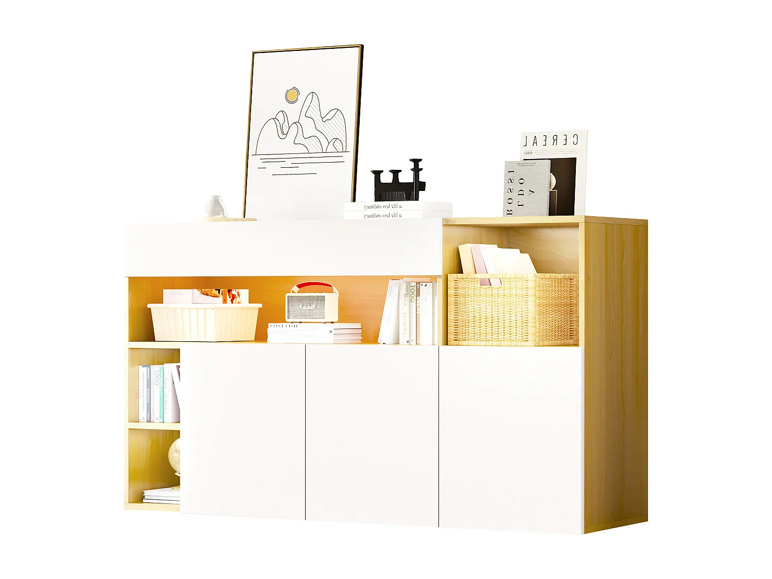 Buffet bas avec 3 portes et 4 niches de rangement - 140 x 40 x 70 cm - LEDs - Panneau de particules - Blanc et chêne