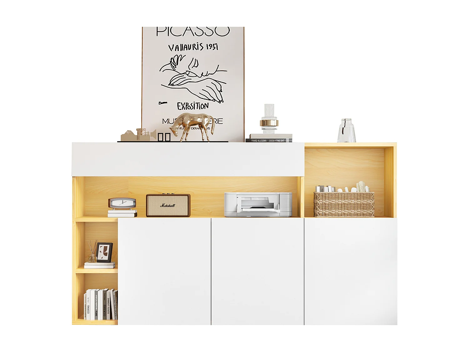 Buffet bas avec 3 portes et 4 niches de rangement - 140 x 40 x 70 cm - LEDs - Panneau de particules - Blanc et chêne