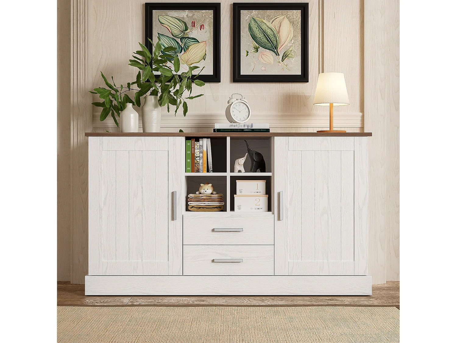 Sideboard mit 2 Türen und 2 Schubladen – 140 x 40 x 79,5 cm – Spanplatte – Weiß und Braun
