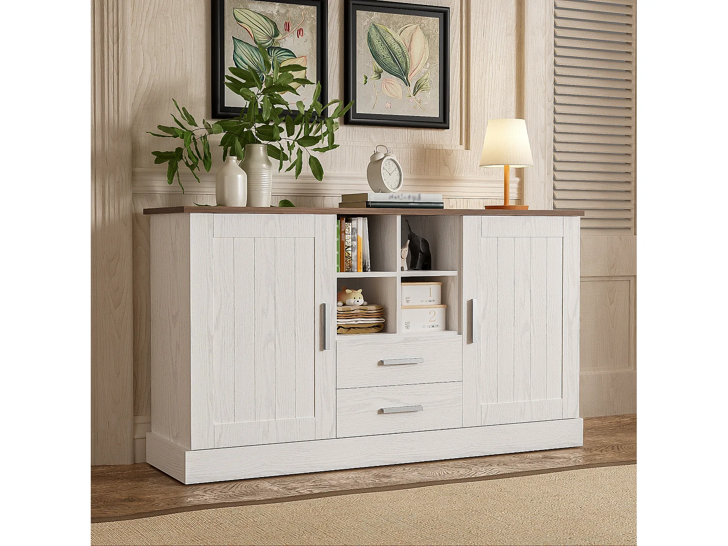 Sideboard mit 2 Türen und 2 Schubladen – 140 x 40 x 79,5 cm – Spanplatte – Weiß und Braun