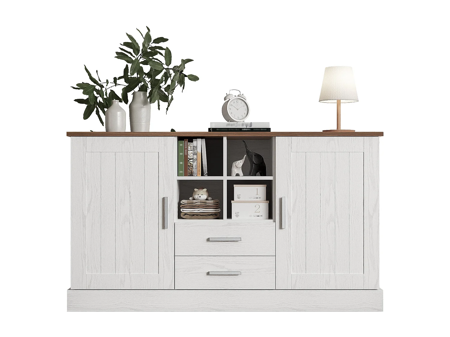 Sideboard mit 2 Türen und 2 Schubladen – 140 x 40 x 79,5 cm – Spanplatte – Weiß und Braun