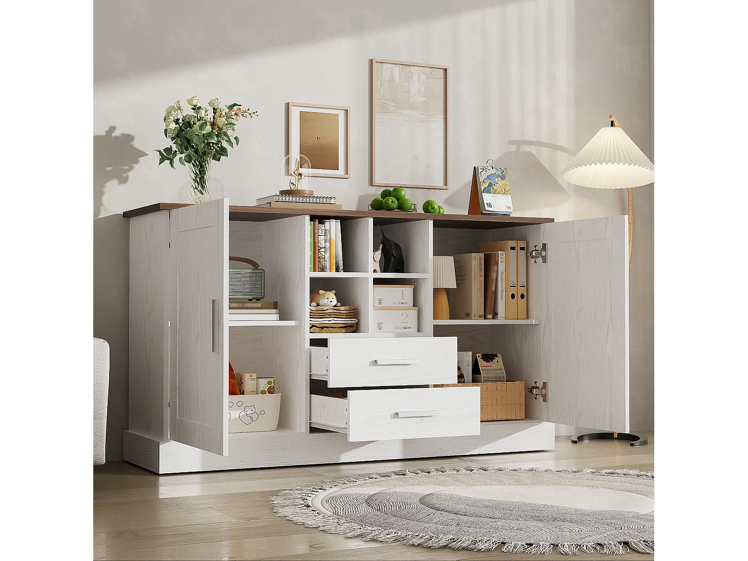 Sideboard mit 2 Türen und 2 Schubladen – 140 x 40 x 79,5 cm – Spanplatte – Weiß und Braun