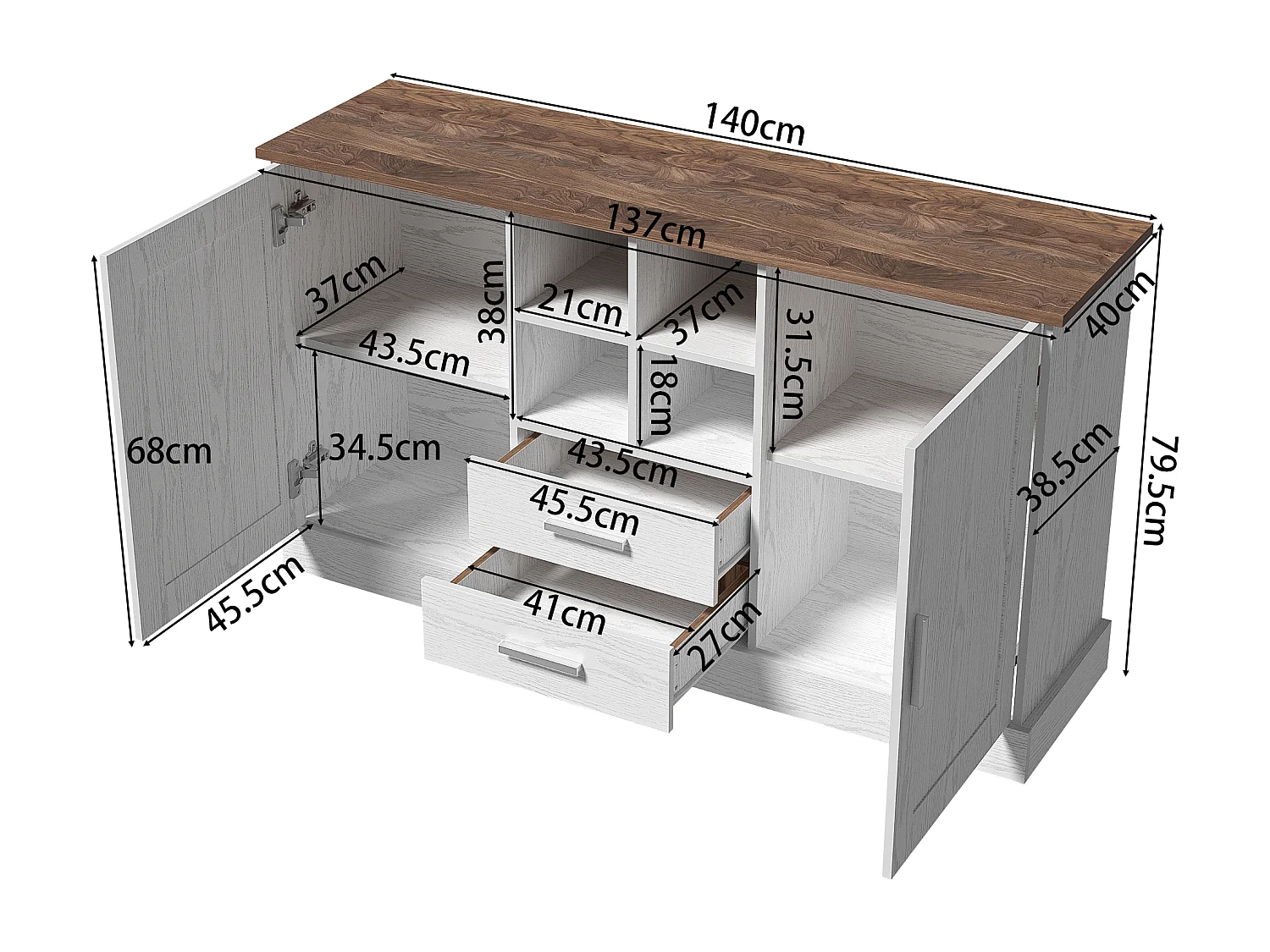Komoda z 2 drzwiami i 2 szufladami - 140 x 40 x 79,5 cm - Płyta wiórowa - Biały i brązowy