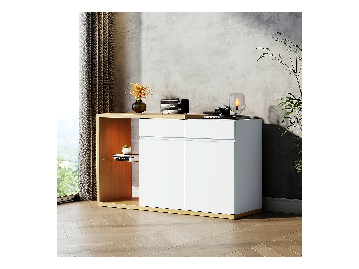 Buffet bas avec 2 portes et 2 tiroirs - 120 x 40 x 70 cm - LEDs - Panneaux de particules - Etagères en verre - Blanc et chêne