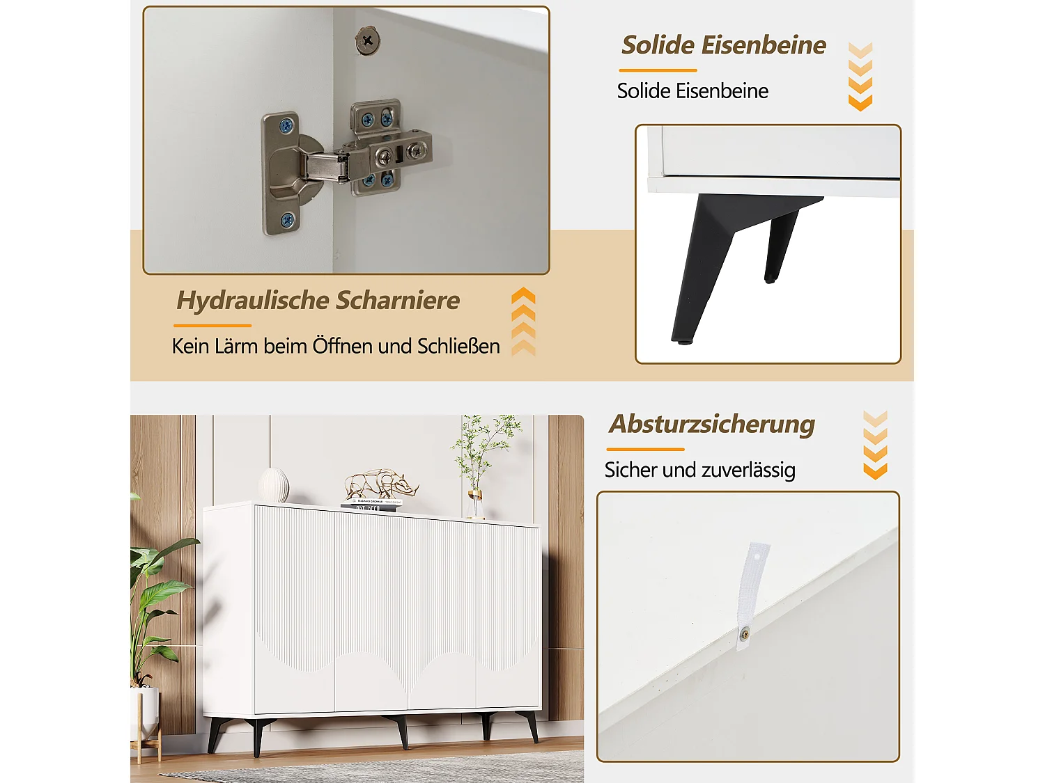 Laag dressoir met 4 deuren - 160 x 35 x 100 cm - Spaanplaat en metalen poten - Wit