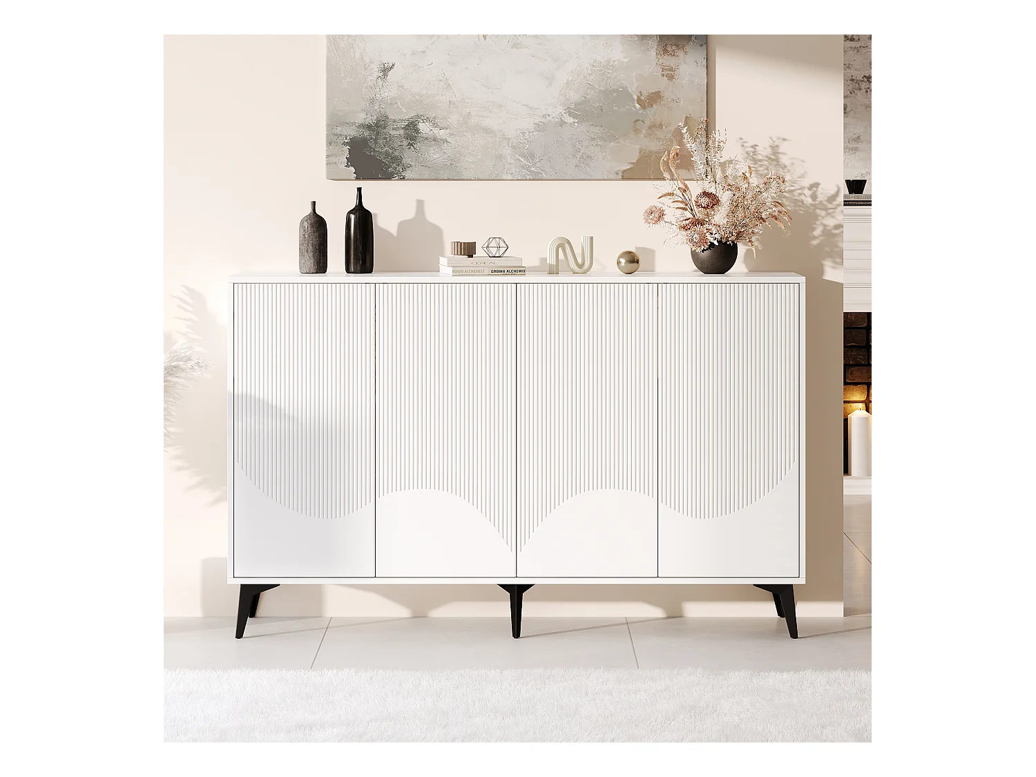 Buffet bas avec 4 portes - 160 x 35 x 100 cm - Panneau de particules et pièds en métal  - Blanc
