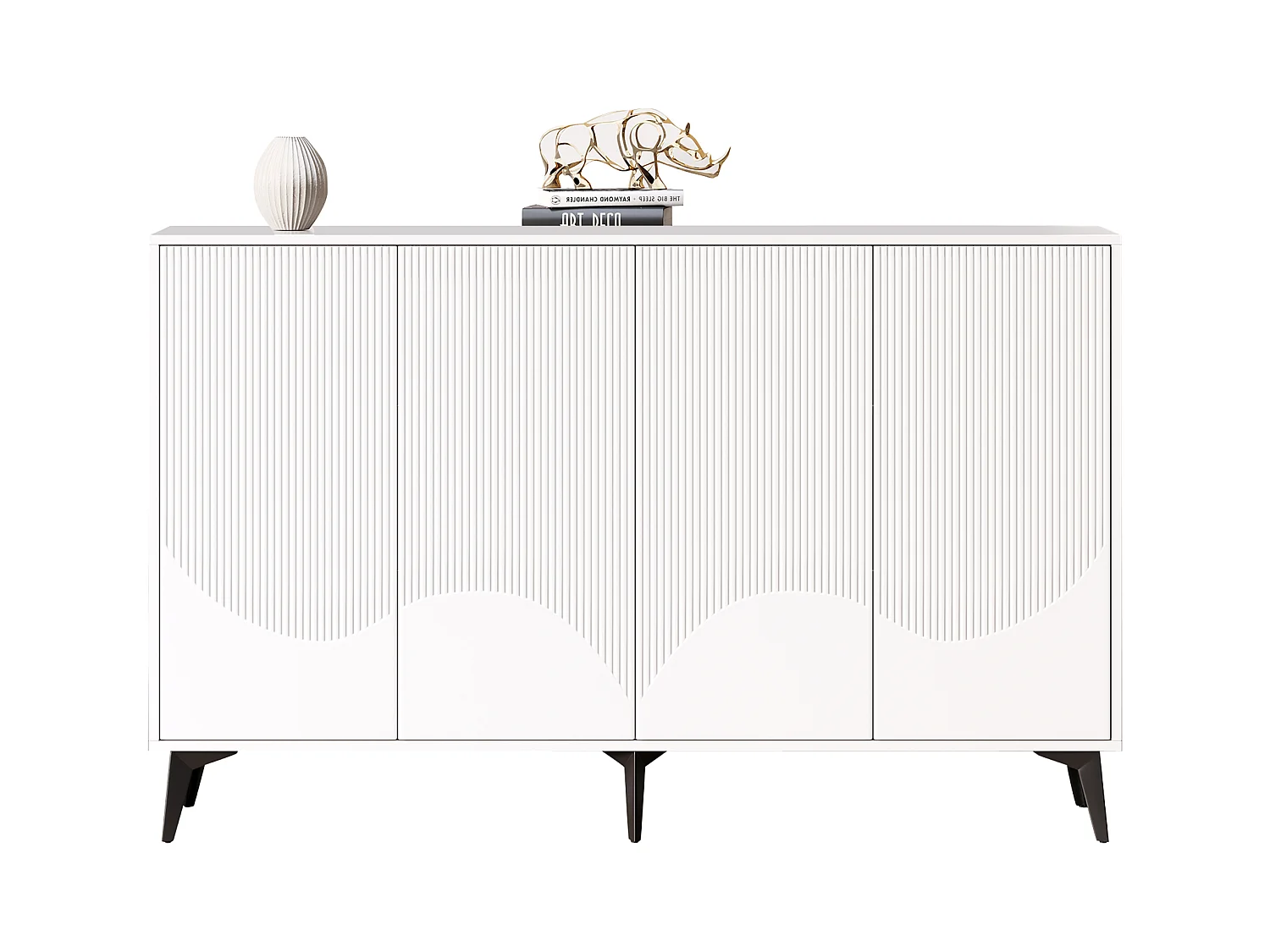 Buffet bas avec 4 portes - 160 x 35 x 100 cm - Panneau de particules et pièds en métal  - Blanc