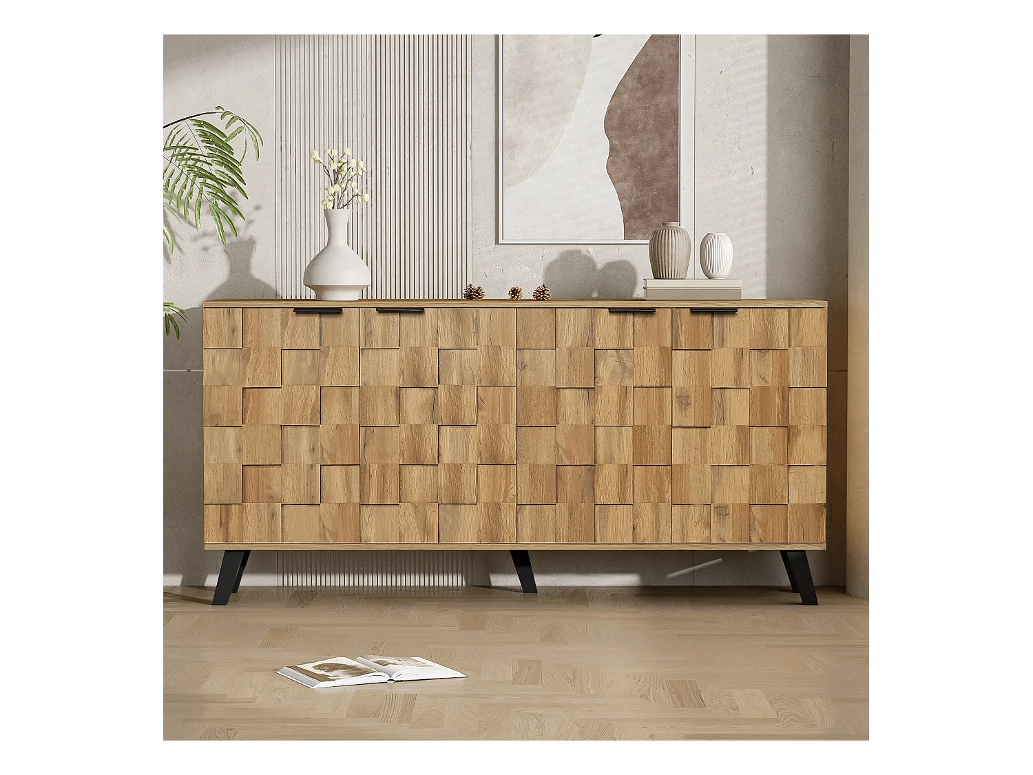 Buffet avec 4 portes - 160,5 x 35,5 x 78 cm - pour salon, salle à manger - Panneaux de particules - Couleur bois