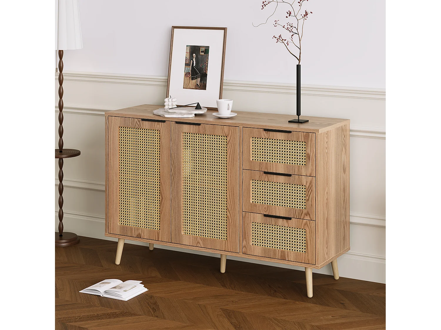 Buffet vintage en rotin avec 2 portes et 3 tiroir - 120 x 38 x 78 cm - MDF - pour cuisine et salon - Bois naturel