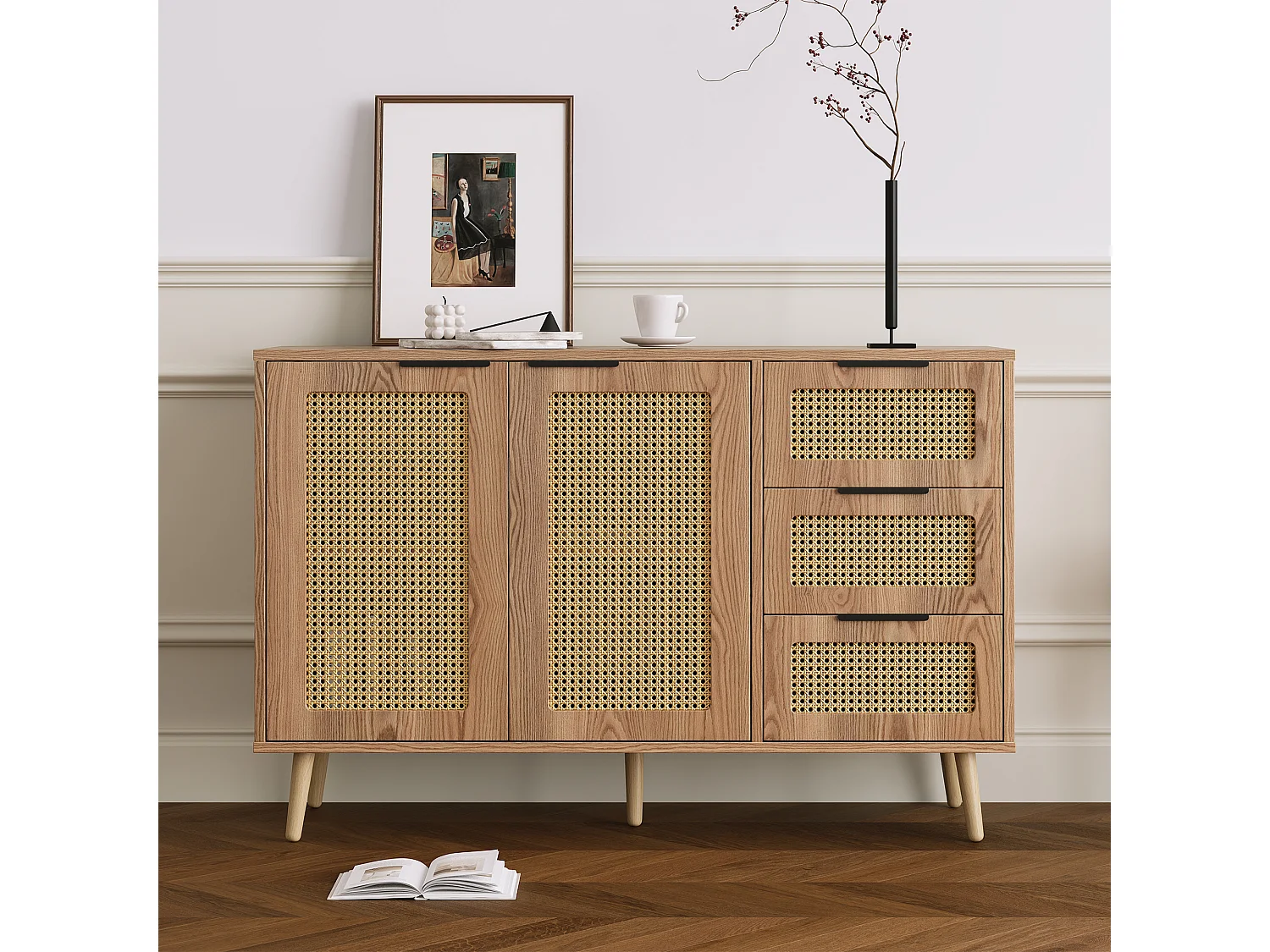 Buffet vintage en rotin avec 2 portes et 3 tiroir - 120 x 38 x 78 cm - MDF - pour cuisine et salon - Bois naturel