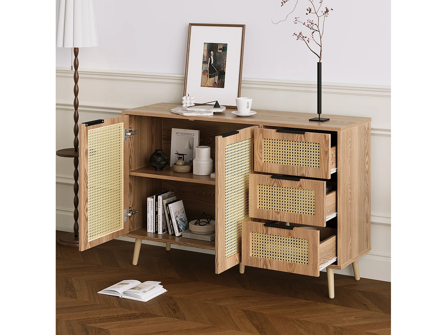 Buffet vintage en rotin avec 2 portes et 3 tiroir - 120 x 38 x 78 cm - MDF - pour cuisine et salon - Bois naturel
