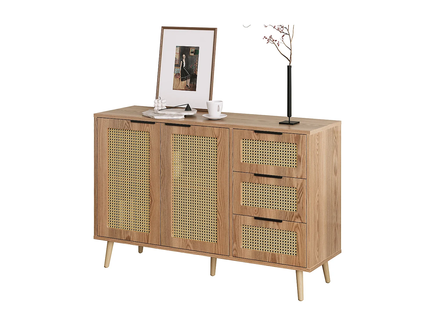 Buffet vintage en rotin avec 2 portes et 3 tiroir - 120 x 38 x 78 cm - MDF - pour cuisine et salon - Bois naturel