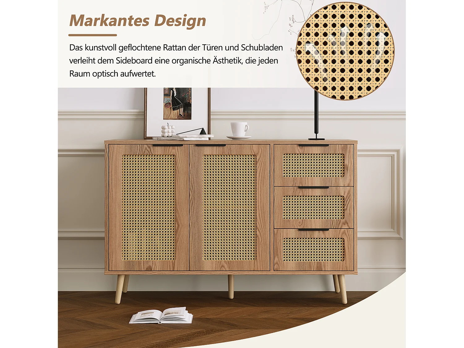 Buffet vintage en rotin avec 2 portes et 3 tiroir - 120 x 38 x 78 cm - MDF - pour cuisine et salon - Bois naturel
