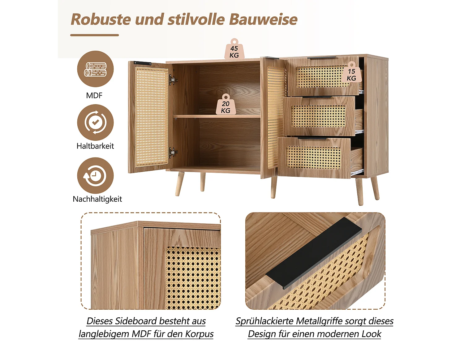 Buffet vintage en rotin avec 2 portes et 3 tiroir - 120 x 38 x 78 cm - MDF - pour cuisine et salon - Bois naturel