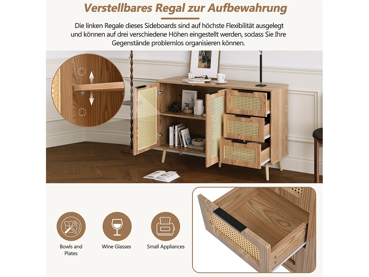 Buffet vintage en rotin avec 2 portes et 3 tiroir - 120 x 38 x 78 cm - MDF - pour cuisine et salon - Bois naturel