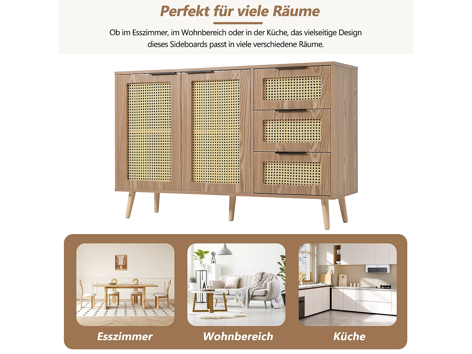 Buffet vintage en rotin avec 2 portes et 3 tiroir - 120 x 38 x 78 cm - MDF - pour cuisine et salon - Bois naturel