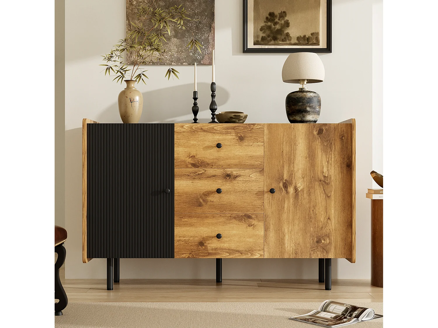 Buffet bas avec 2 portes et 3 tiroirs - 120 x 40 x 75 cm - Panneaux de particules et MDF - Noir et bois