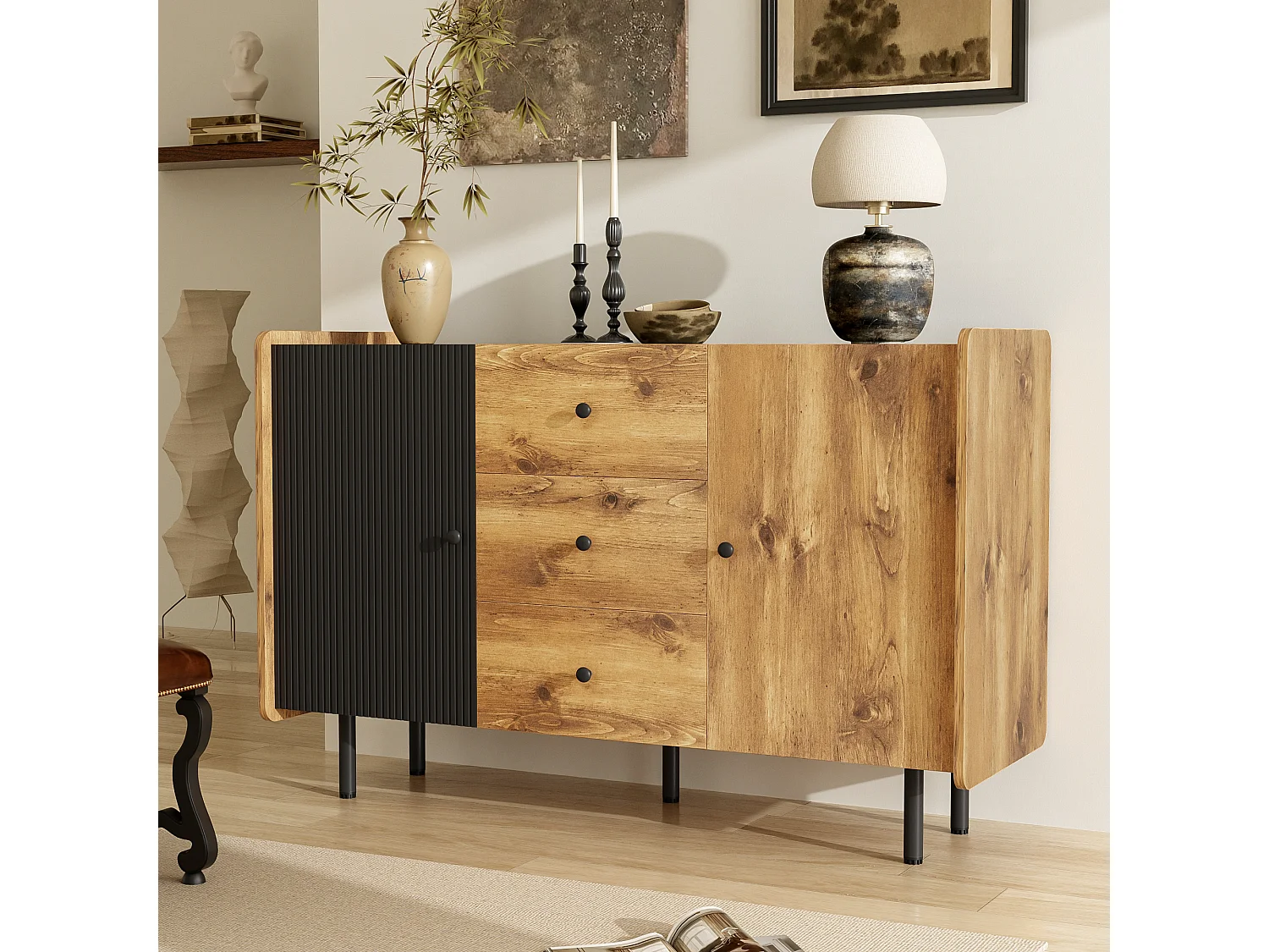 Buffet bas avec 2 portes et 3 tiroirs - 120 x 40 x 75 cm - Panneaux de particules et MDF - Noir et bois