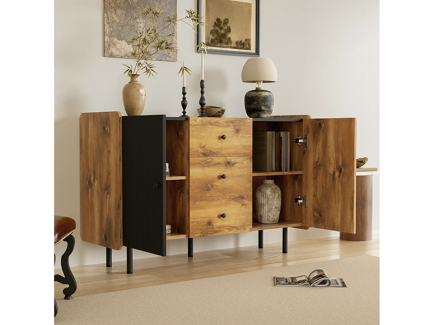 Buffet bas avec 2 portes et 3 tiroirs - 120 x 40 x 75 cm - Panneaux de particules et MDF - Noir et bois