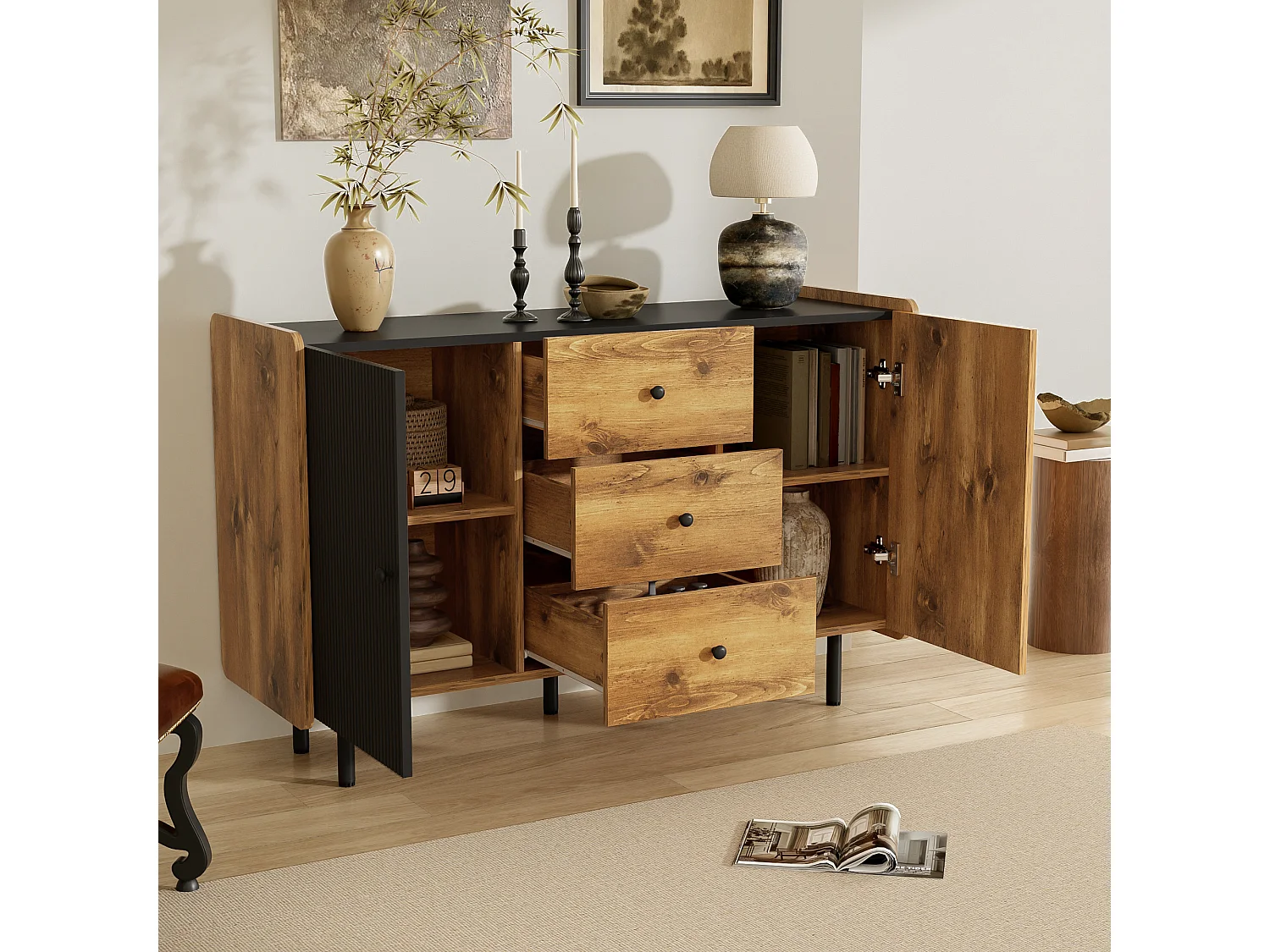 Buffet bas avec 2 portes et 3 tiroirs - 120 x 40 x 75 cm - Panneaux de particules et MDF - Noir et bois
