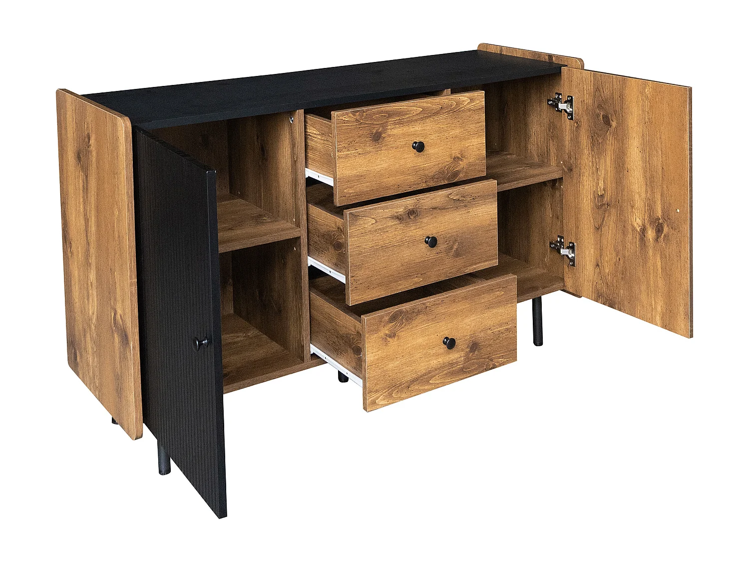 Buffet bas avec 2 portes et 3 tiroirs - 120 x 40 x 75 cm - Panneaux de particules et MDF - Noir et bois