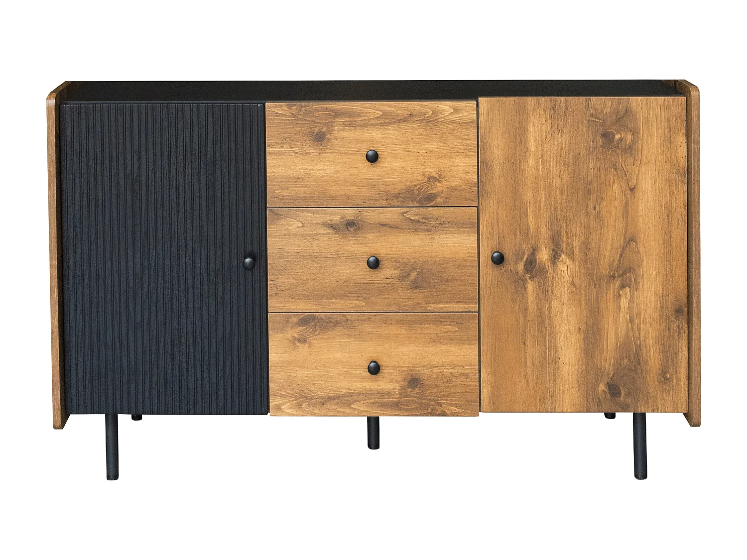 Buffet bas avec 2 portes et 3 tiroirs - 120 x 40 x 75 cm - Panneaux de particules et MDF - Noir et bois