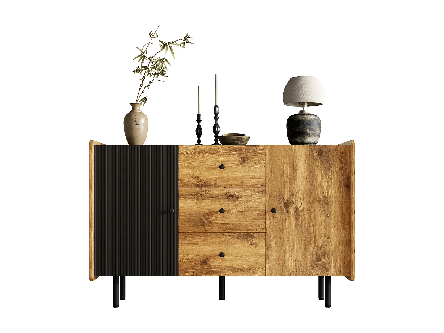 Buffet bas avec 2 portes et 3 tiroirs - 120 x 40 x 75 cm - Panneaux de particules et MDF - Noir et bois