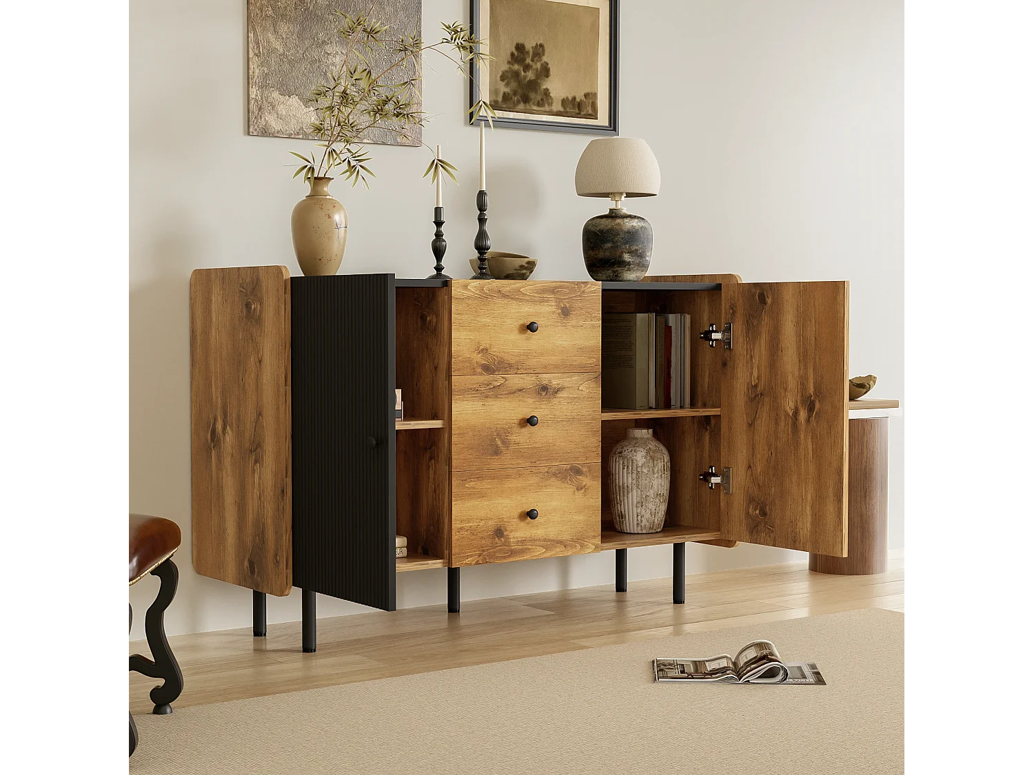 Buffet bas avec 2 portes et 3 tiroirs - 120 x 40 x 75 cm - Panneaux de particules et MDF - Noir et bois