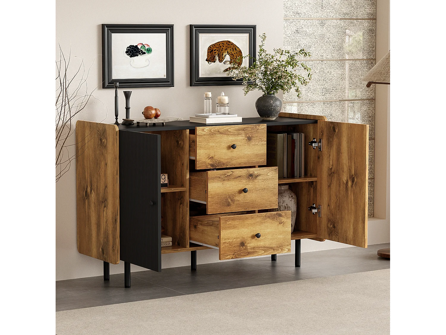 Buffet bas avec 2 portes et 3 tiroirs - 120 x 40 x 75 cm - Panneaux de particules et MDF - Noir et bois
