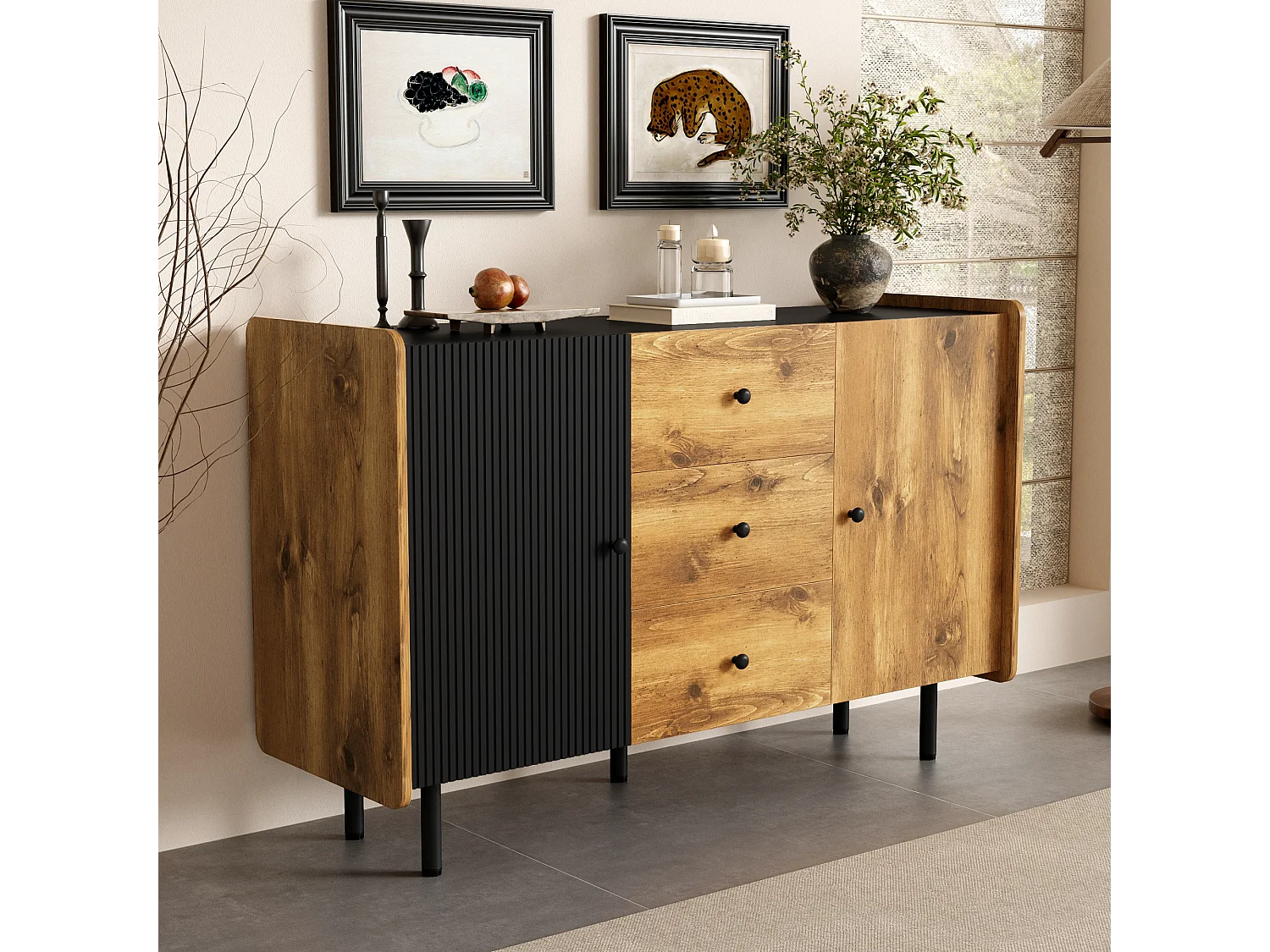 Buffet bas avec 2 portes et 3 tiroirs - 120 x 40 x 75 cm - Panneaux de particules et MDF - Noir et bois