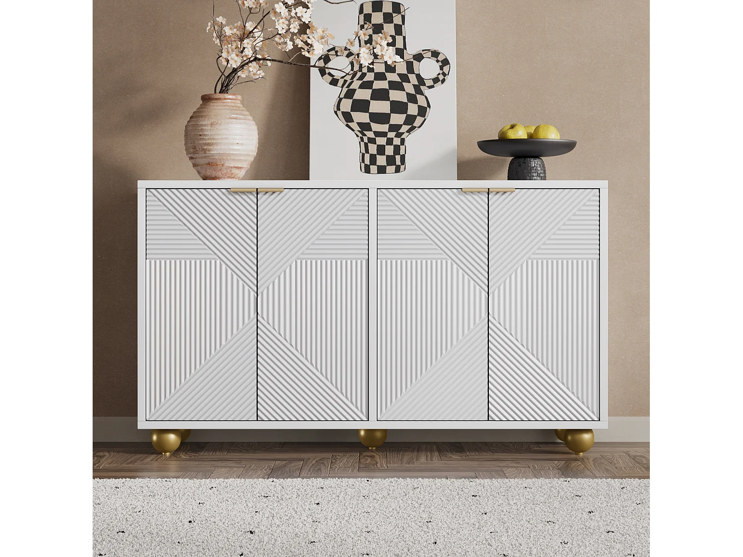 Credenza con 4 ante profilate - 120 x 35 x 71,5 cm - ripiani interni regolabili - MDF - Bianco