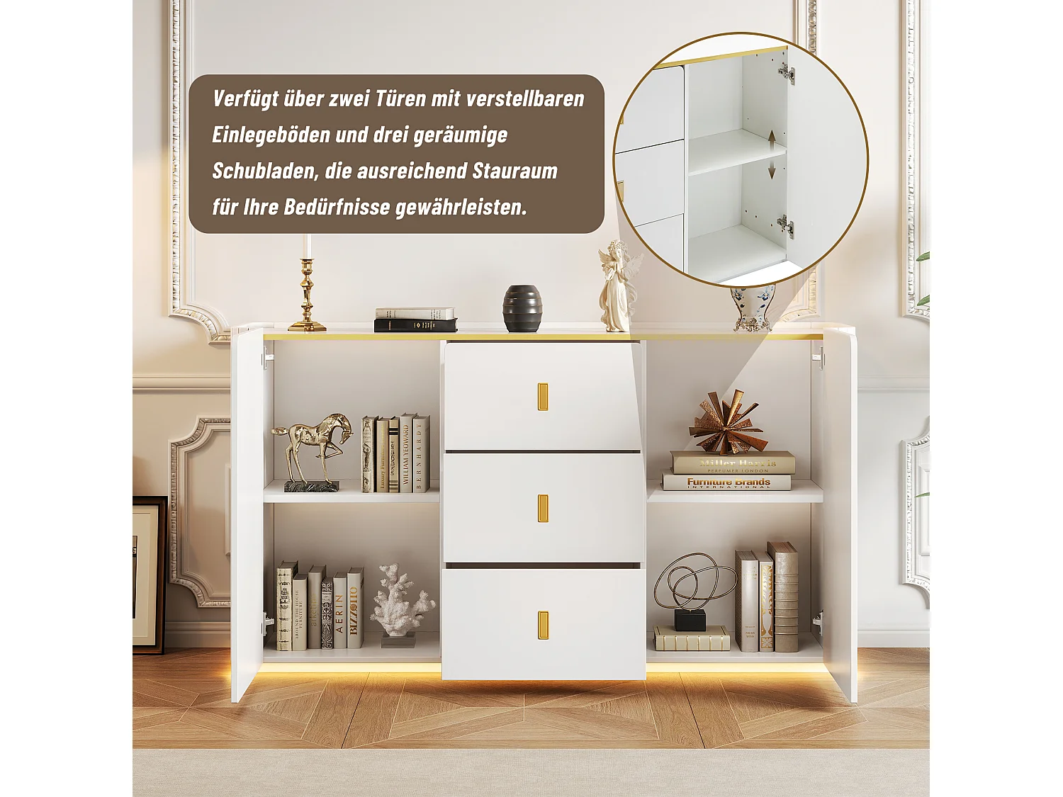 Aparador bajo con 2 puertas y 3 cajones - 150 x 35 x 80 cm - LED - Tablero de partículas - Blanco