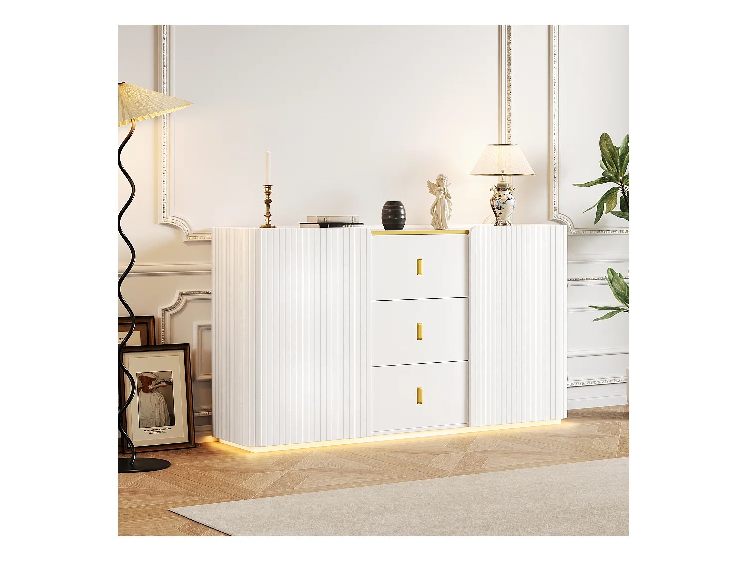 Buffet bas avec 2 portes et 3 tiroirs - 150 x 35 x  80 cm - LEDs - Panneau de particules - Blanc
