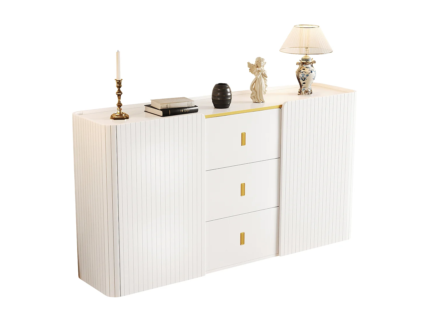 Credenza bassa con 2 ante e 3 cassetti - 150 x 35 x 80 cm - LED - Truciolare - Bianco