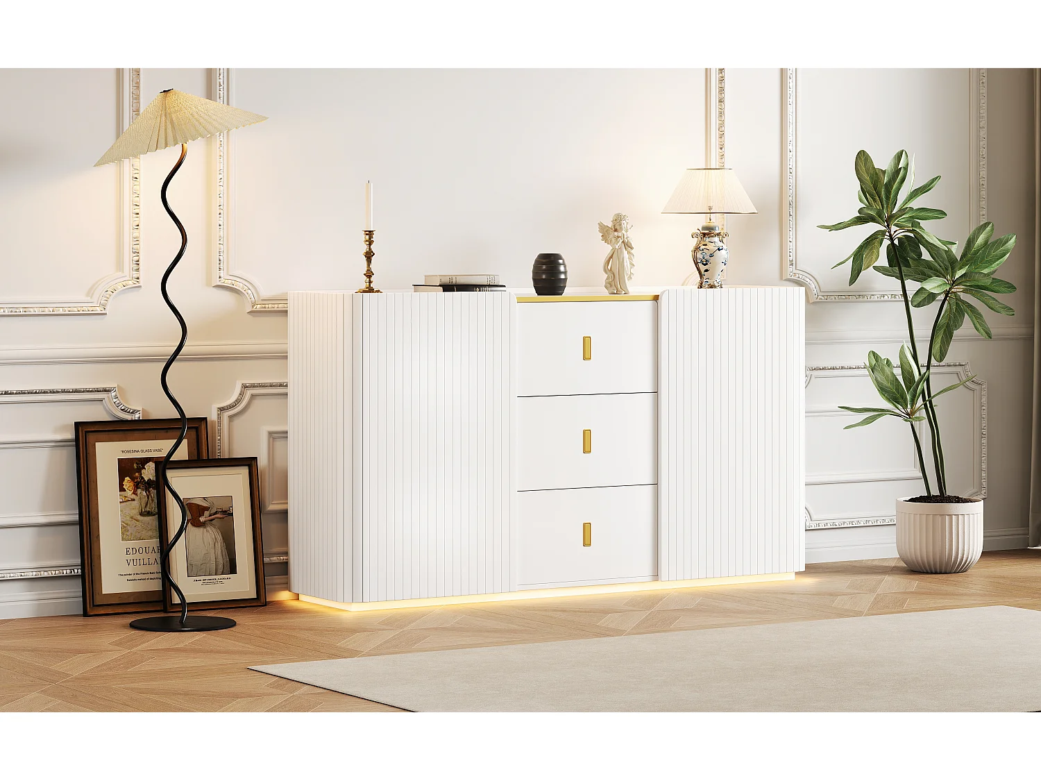 Credenza bassa con 2 ante e 3 cassetti - 150 x 35 x 80 cm - LED - Truciolare - Bianco