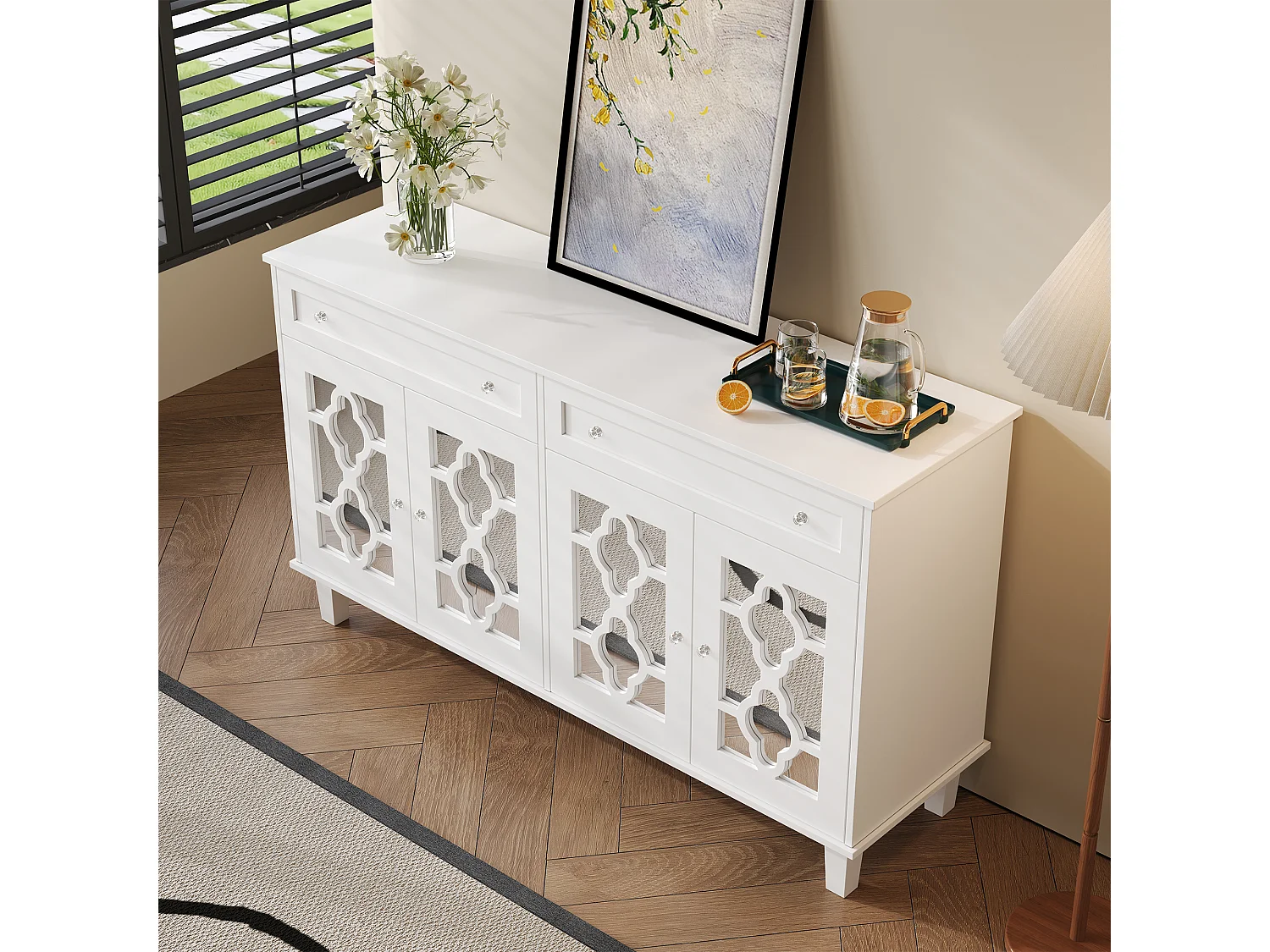 Buffet bas avec 4 portes et 2 tiroirs - 120 x 40 x 83 cm - Etagères réglables et poignées en cristal - MDF - Blanc