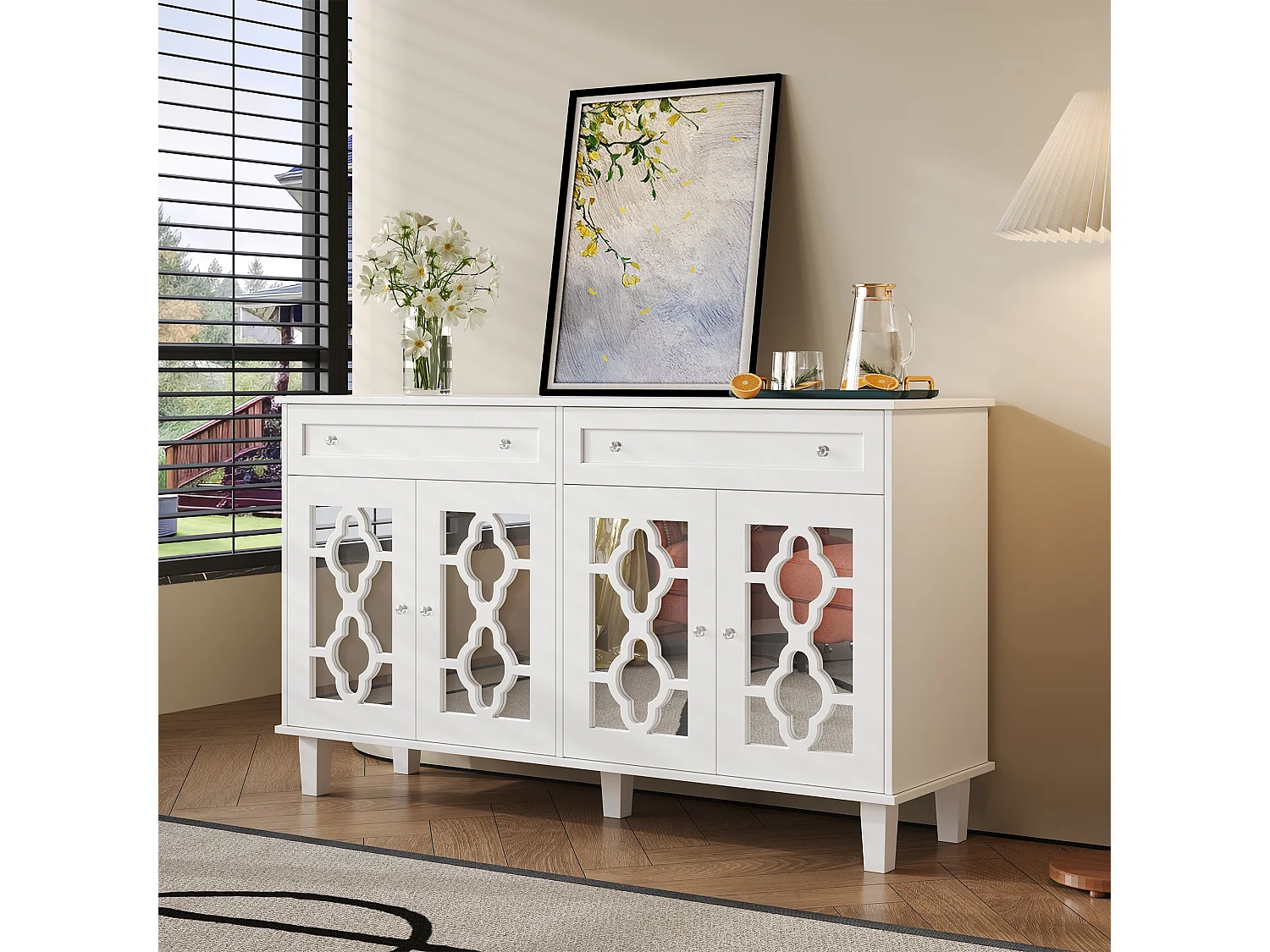 Buffet bas avec 4 portes et 2 tiroirs - 120 x 40 x 83 cm - Etagères réglables et poignées en cristal - MDF - Blanc